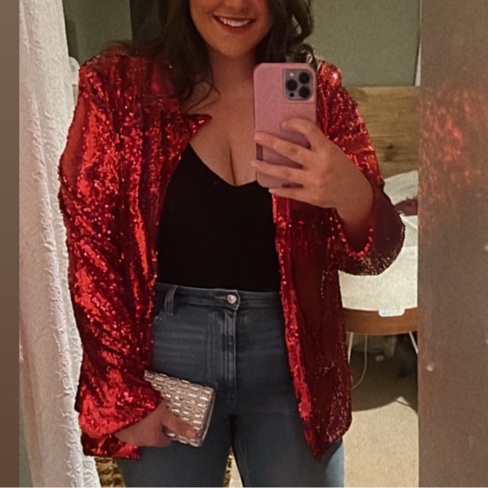 Vibrant Red Sequin Blazer with Shimmering Finish